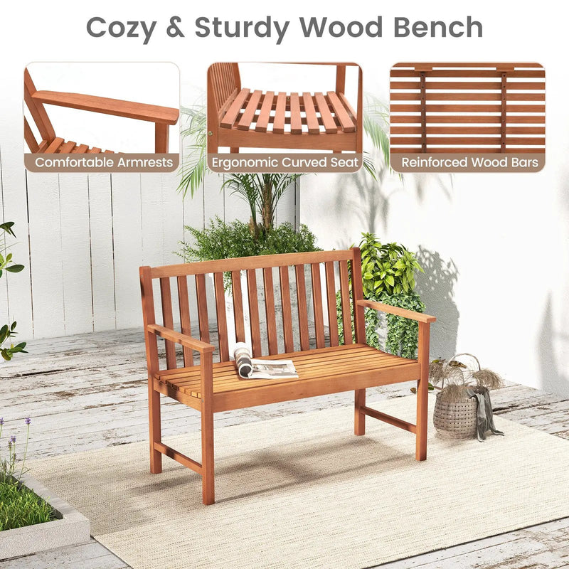 2-Seat Patio Wood Bench with Cozy Armrests and Backrest by DirectDeals
