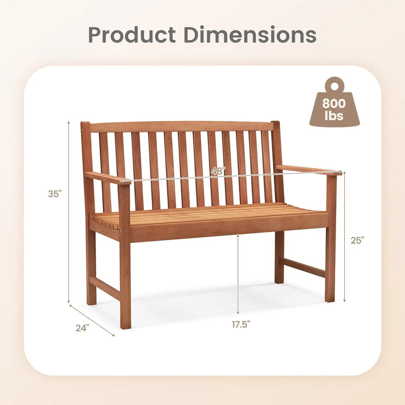 2-Seat Patio Wood Bench with Cozy Armrests and Backrest by DirectDeals