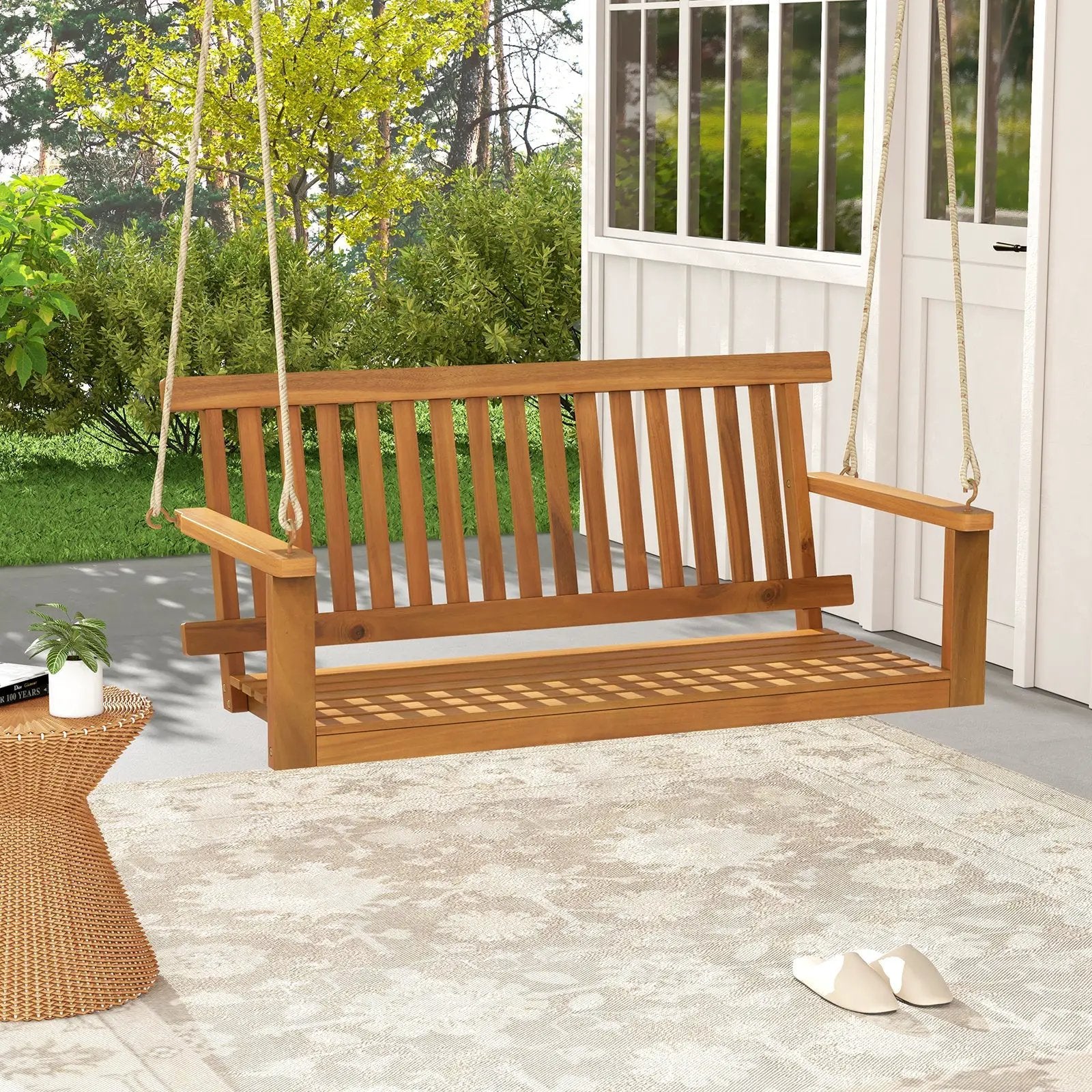 2-Seat Acacia Wood Porch Swing Bench with 2 Hanging Hemp Ropes by DirectDeals