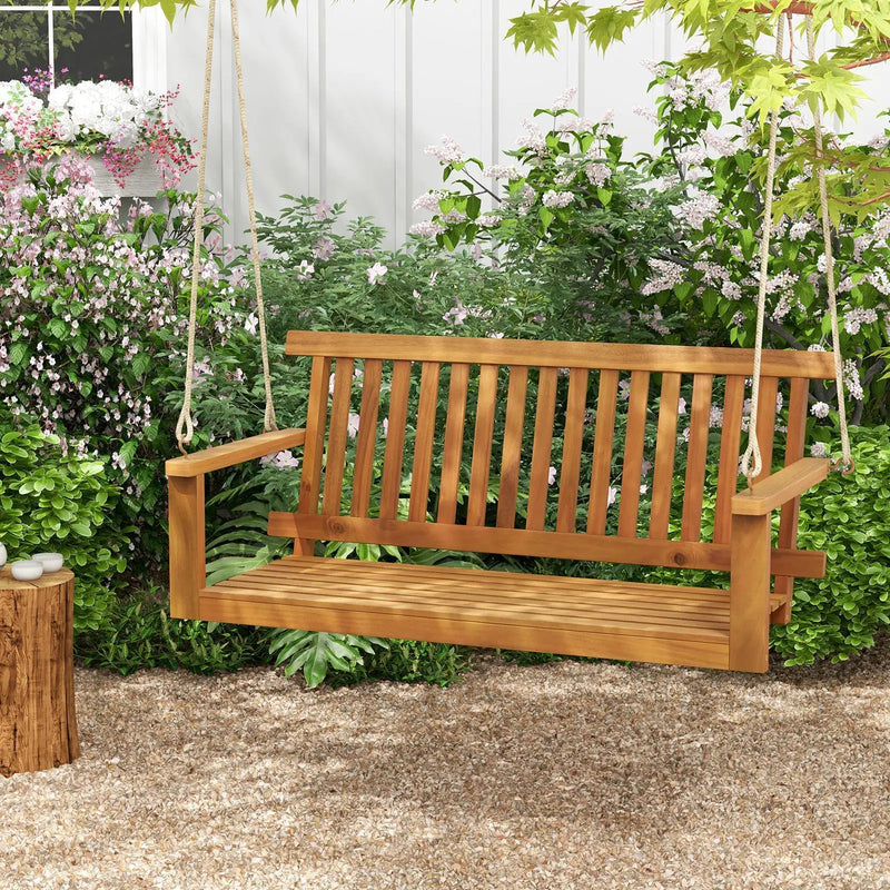 2-Seat Acacia Wood Porch Swing Bench with 2 Hanging Hemp Ropes by DirectDeals