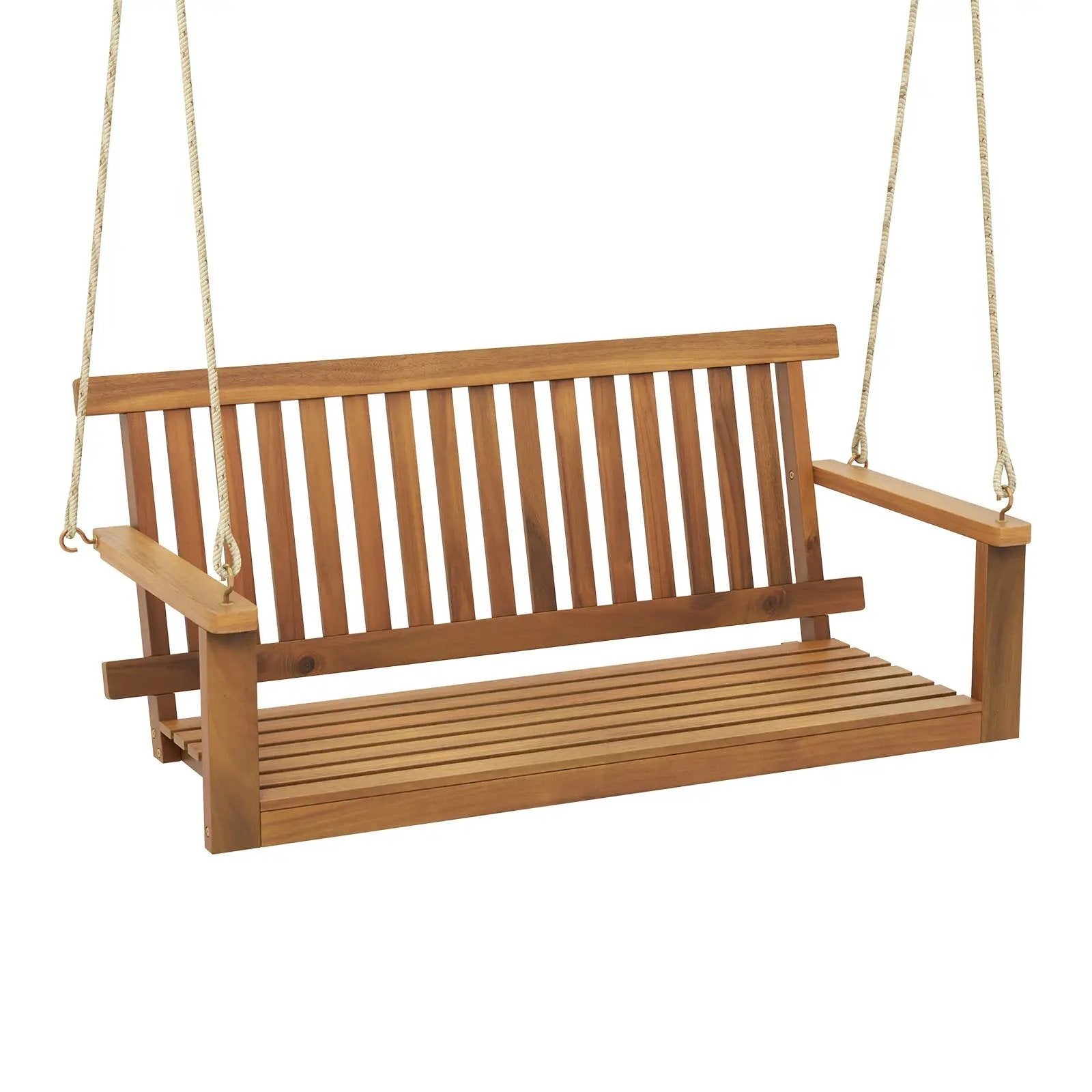 2-Seat Acacia Wood Porch Swing Bench with 2 Hanging Hemp Ropes by DirectDeals