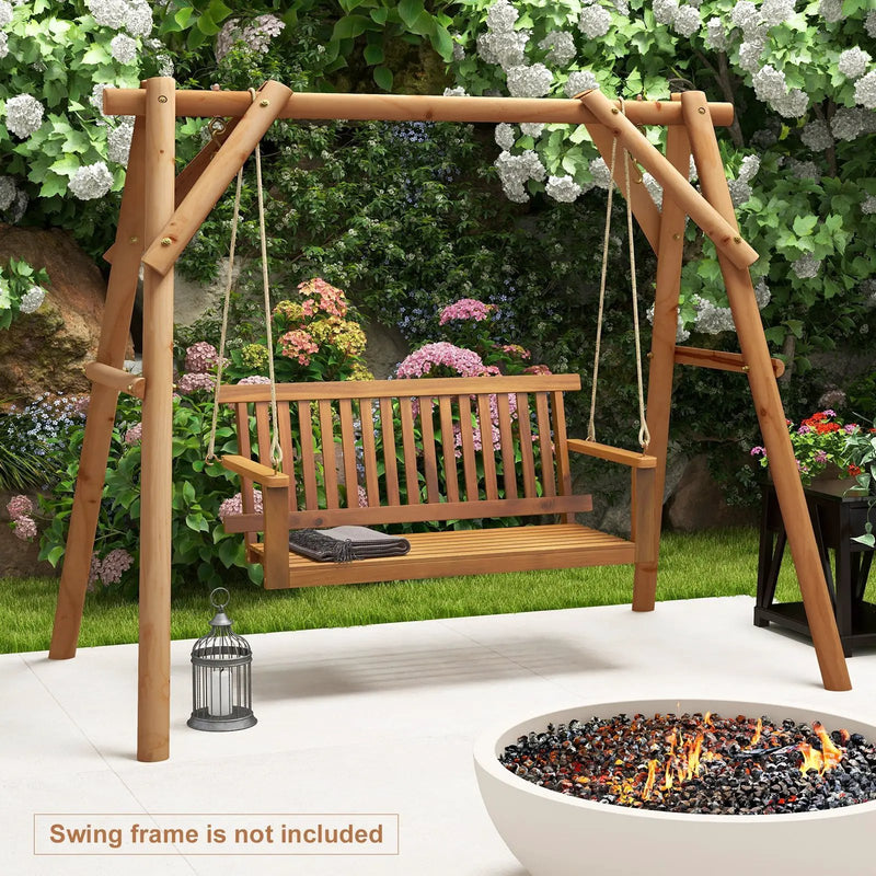 2-Seat Acacia Wood Porch Swing Bench with 2 Hanging Hemp Ropes by DirectDeals
