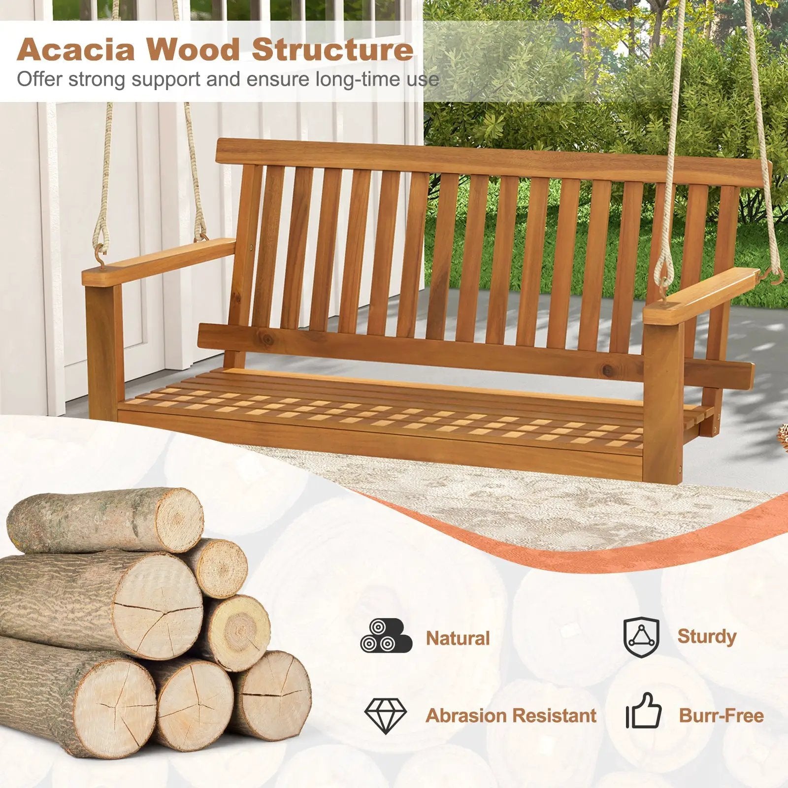 2-Seat Acacia Wood Porch Swing Bench with 2 Hanging Hemp Ropes by DirectDeals