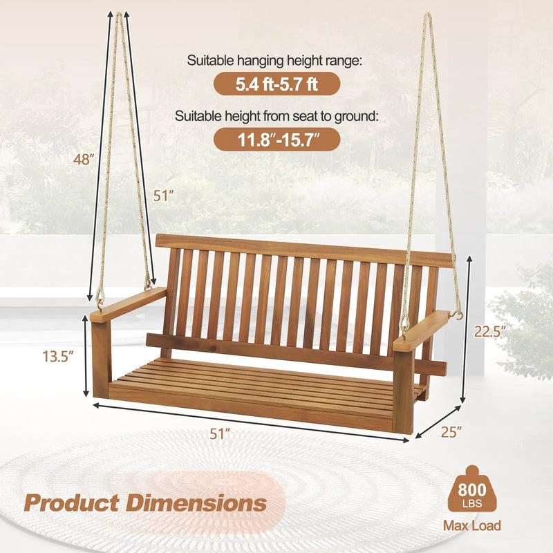 2-Seat Acacia Wood Porch Swing Bench with 2 Hanging Hemp Ropes by DirectDeals
