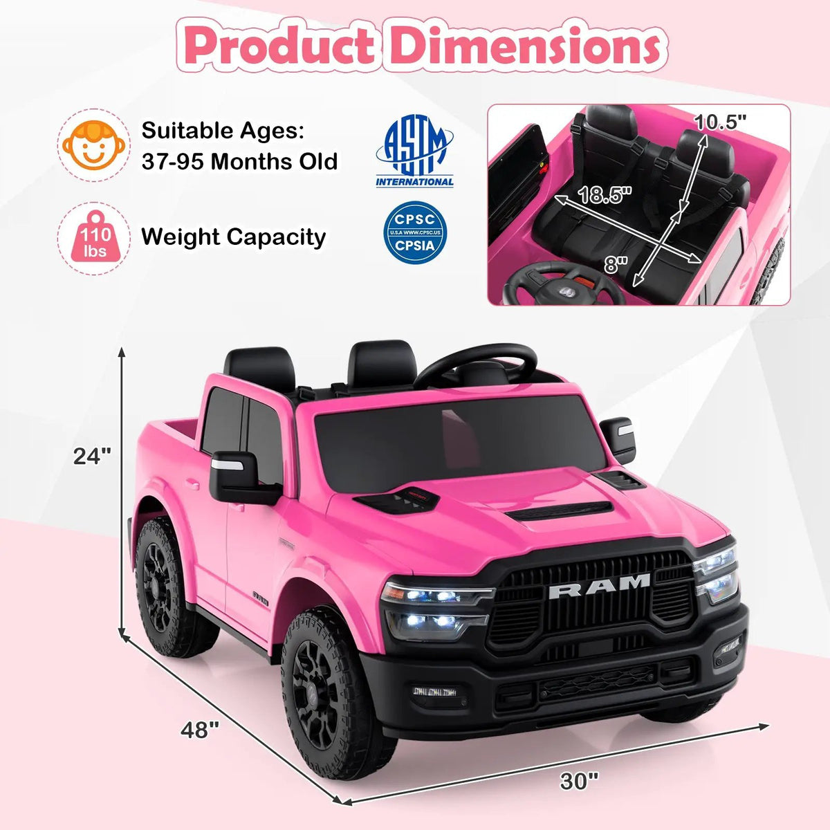 2 Seater 24V Ride on Toy for Big Kids Licensed Ram Truck with Remote and Music, photo 15 of 32