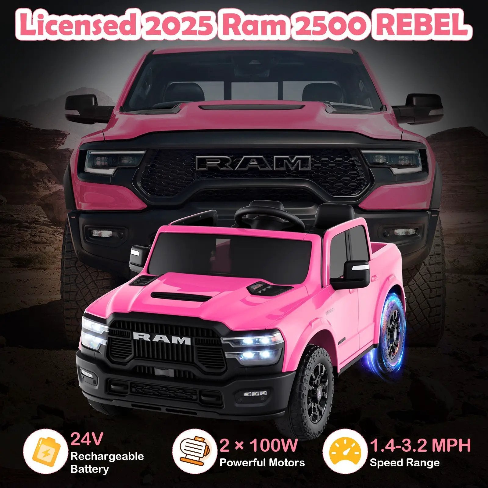 2 Seater 24V Ride on Toy for Big Kids Licensed Ram Truck with Remote and Music by DirectDeals