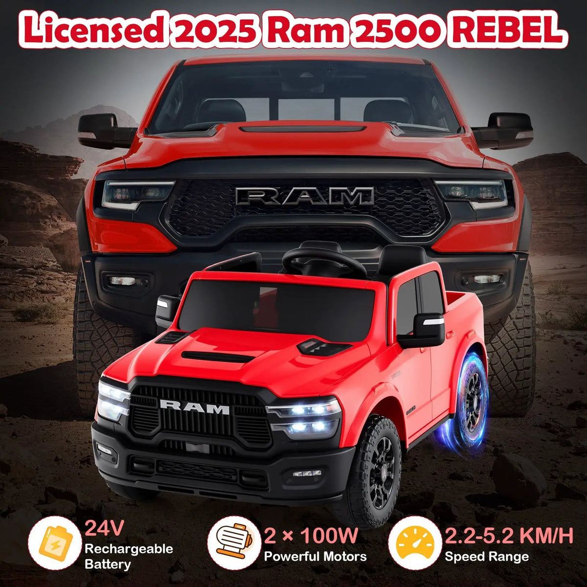 2 Seater 24V Ride on Toy for Big Kids Licensed Ram Truck with Remote and Music, photo 31 of 32
