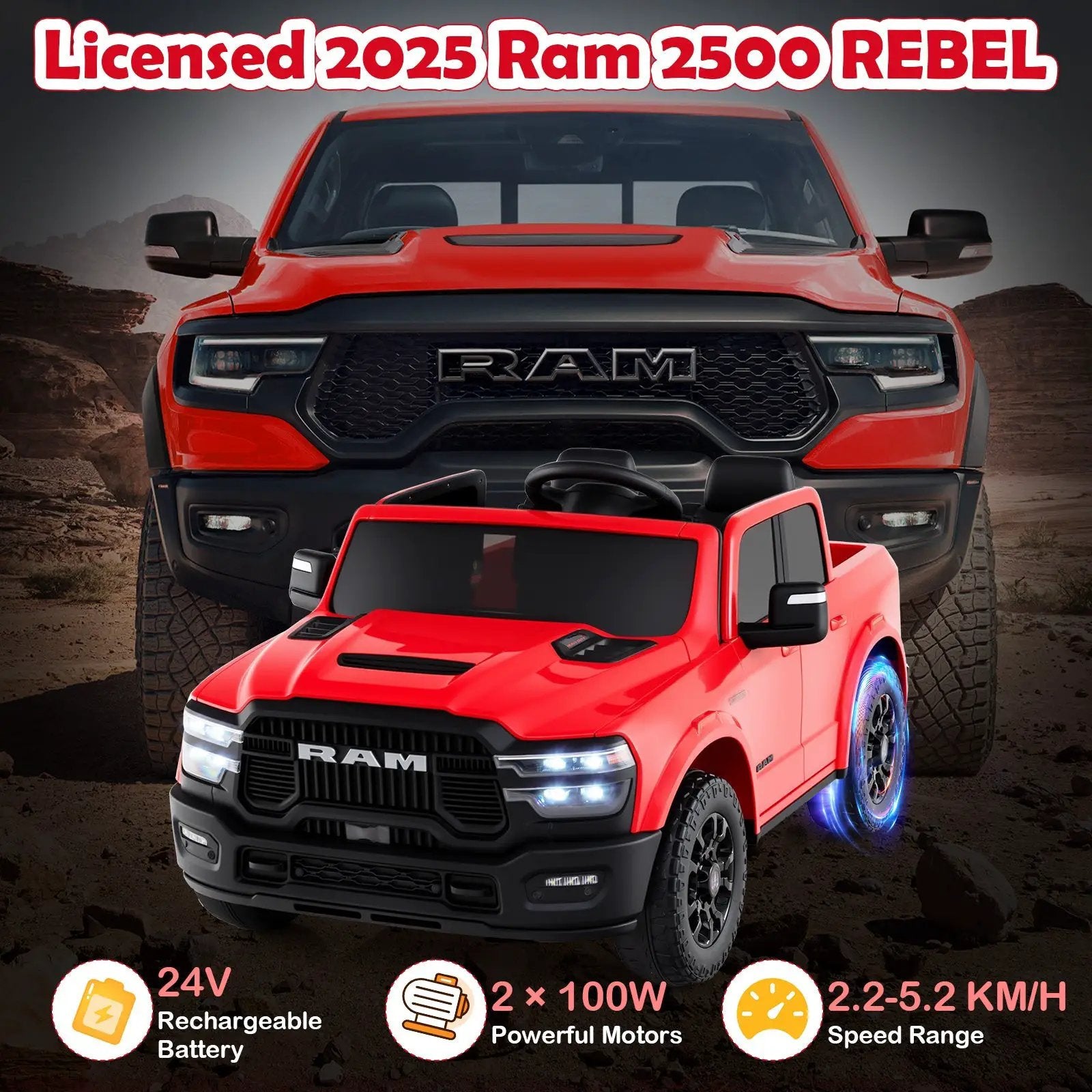 2 Seater 24V Ride on Toy for Big Kids Licensed Ram Truck with Remote and Music by DirectDeals