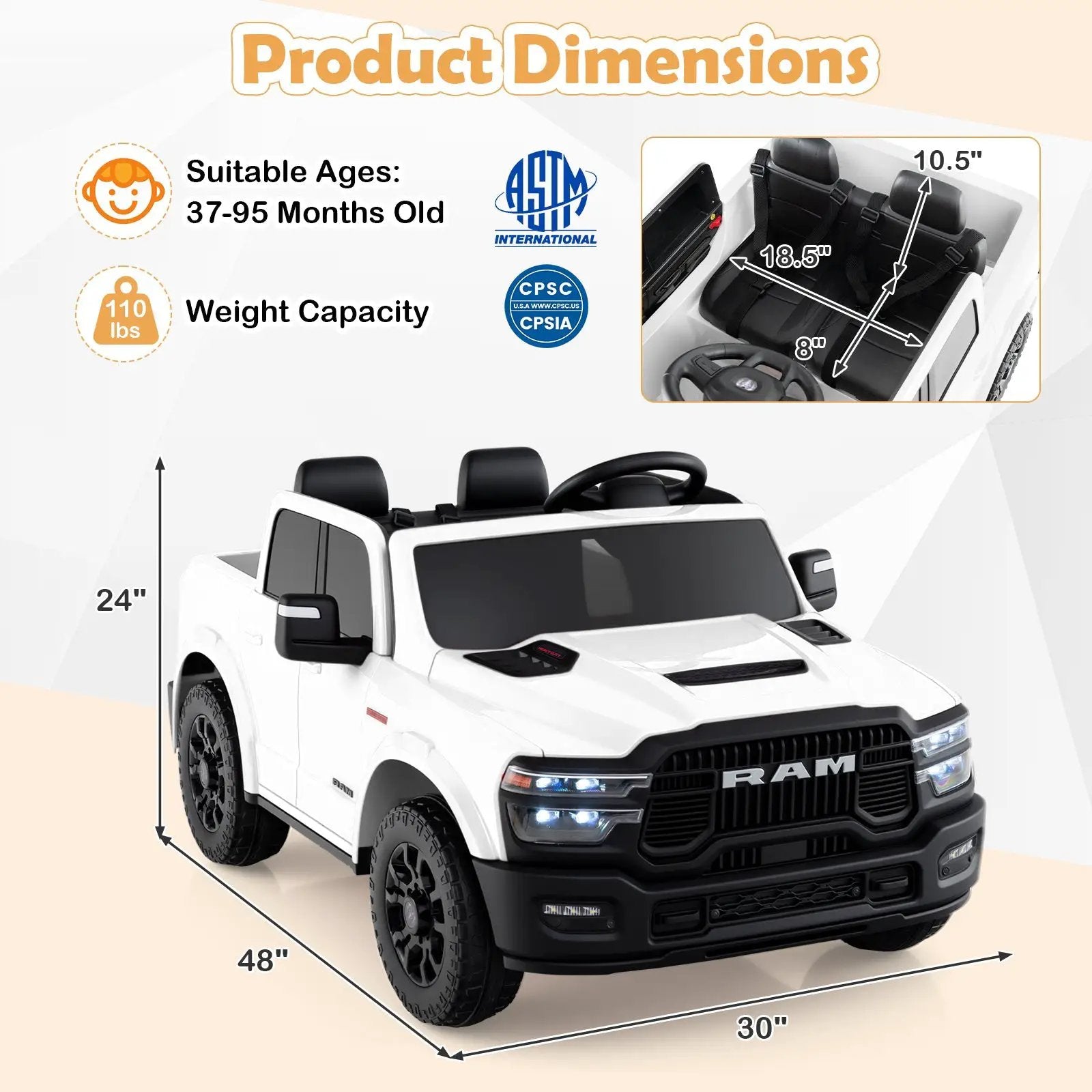 2 Seater 24V Ride on Toy for Big Kids Licensed Ram Truck with Remote and Music by DirectDeals
