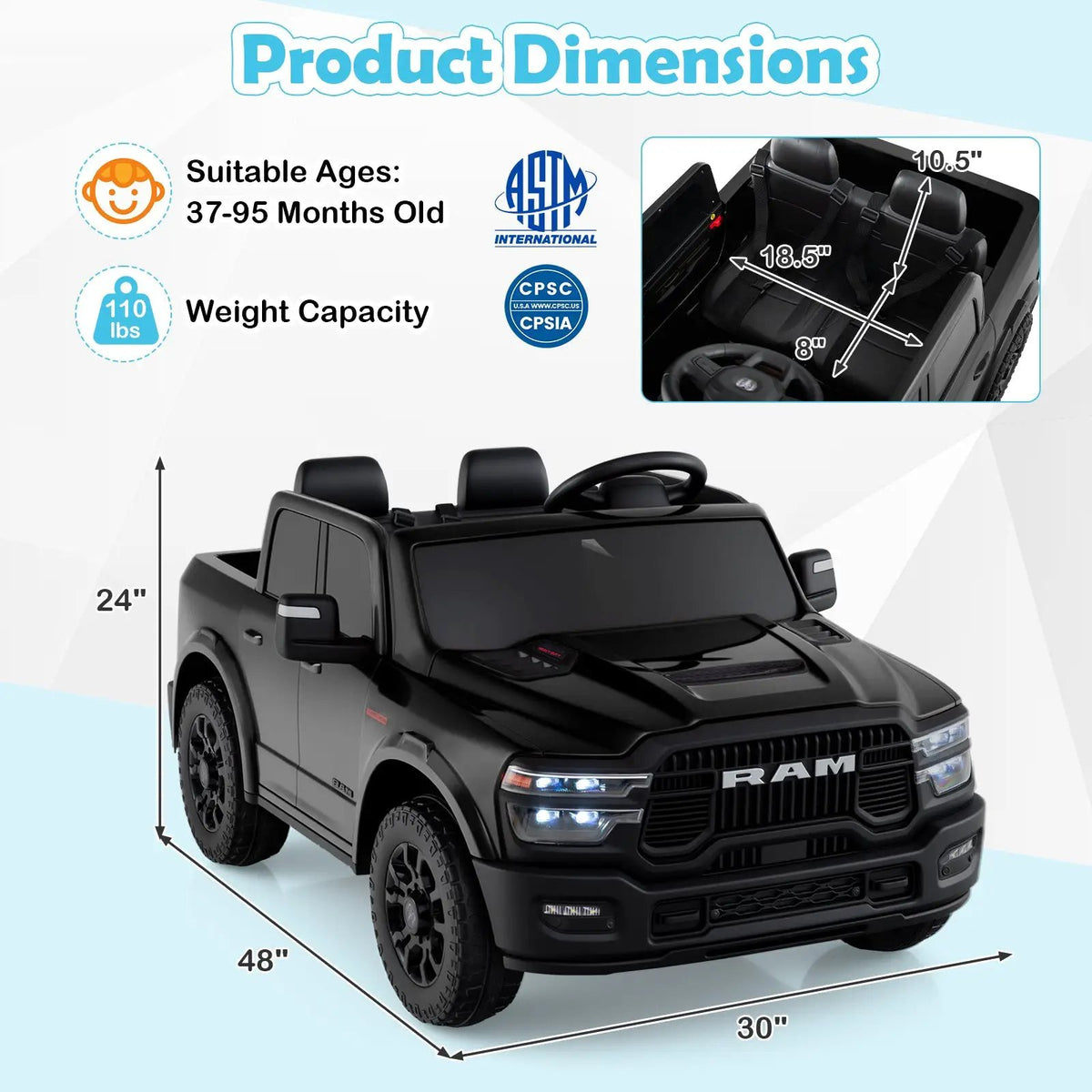 2 Seater 24V Ride on Toy for Big Kids Licensed Ram Truck with Remote and Music, photo 14 of 32