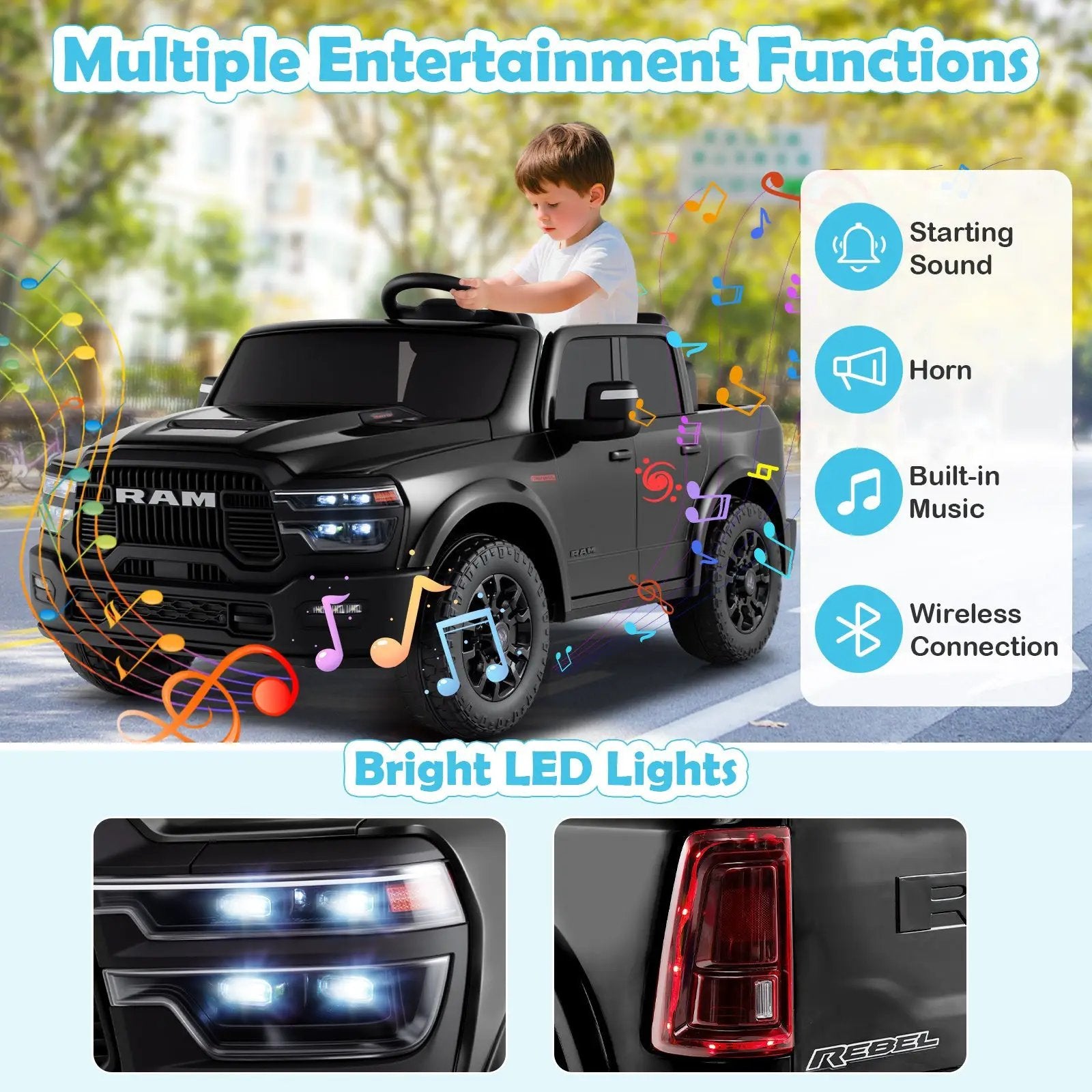 2 Seater 24V Ride on Toy for Big Kids Licensed Ram Truck with Remote and Music by DirectDeals