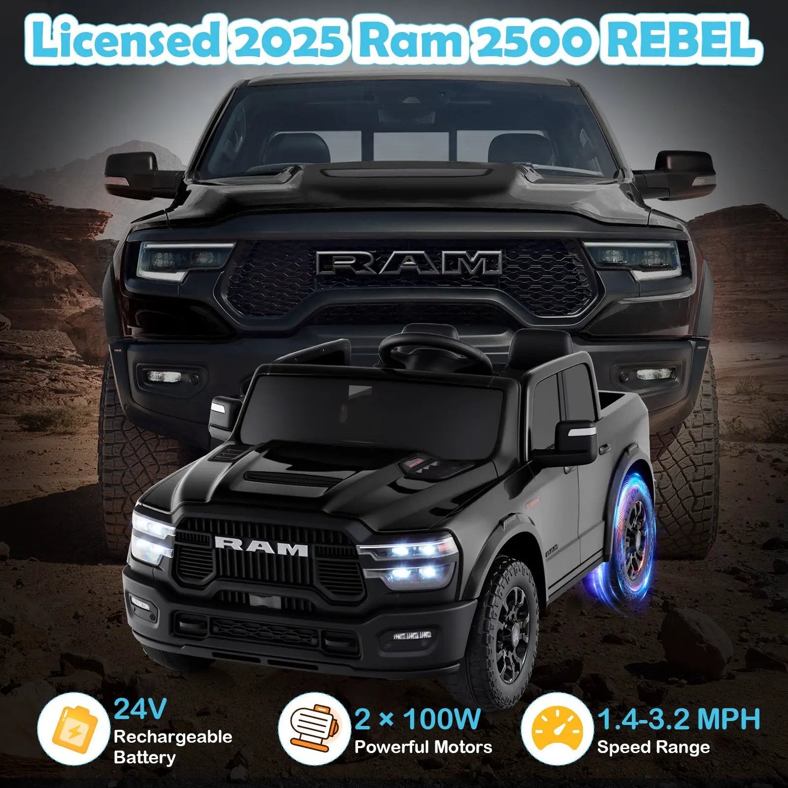 2 Seater 24V Ride on Toy for Big Kids Licensed Ram Truck with Remote and Music by DirectDeals