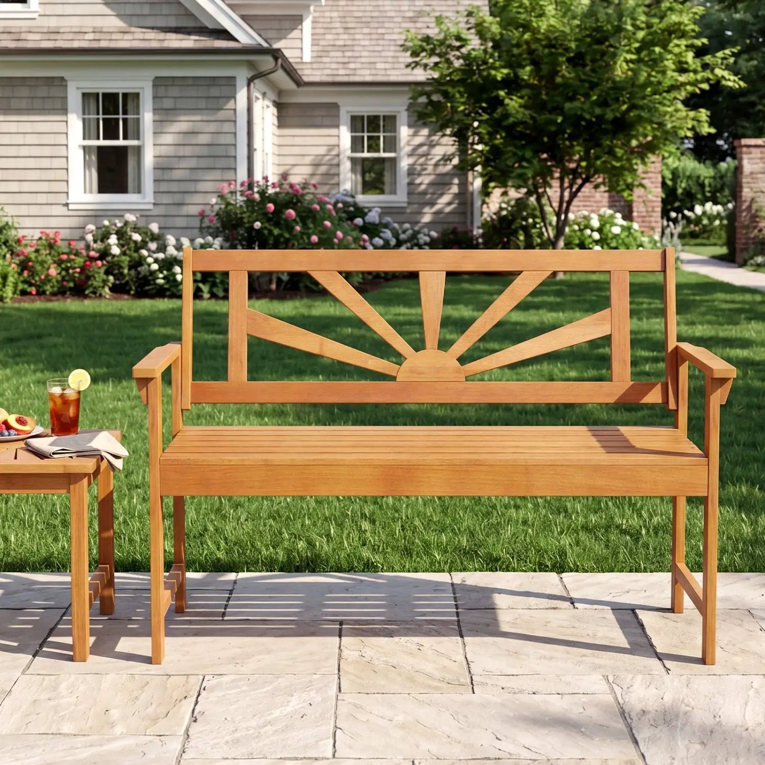 2-Seater Acacia Wood Loveseat Bench with Backrest by DirectDeals