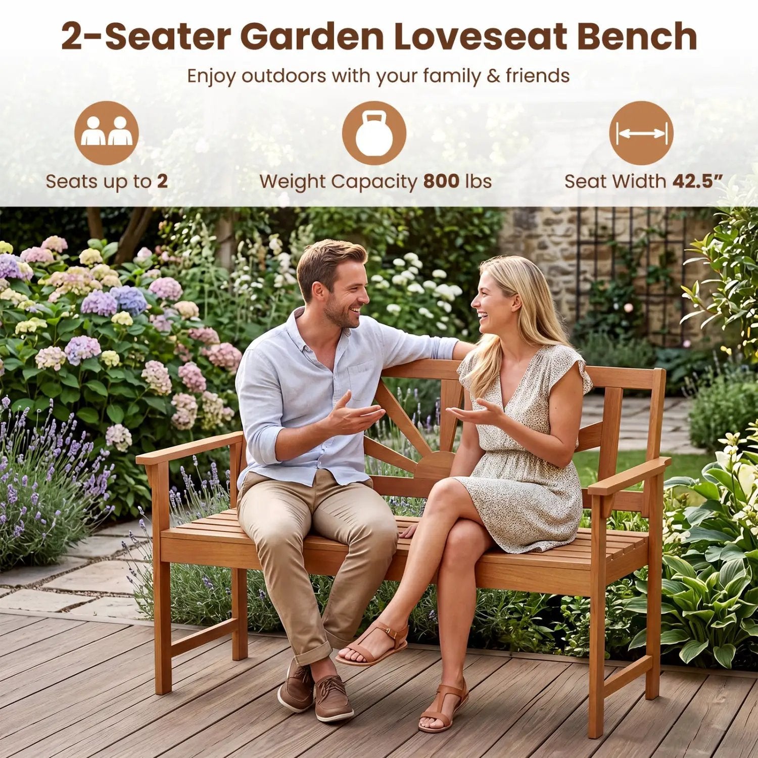 2-Seater Acacia Wood Loveseat Bench with Backrest by DirectDeals