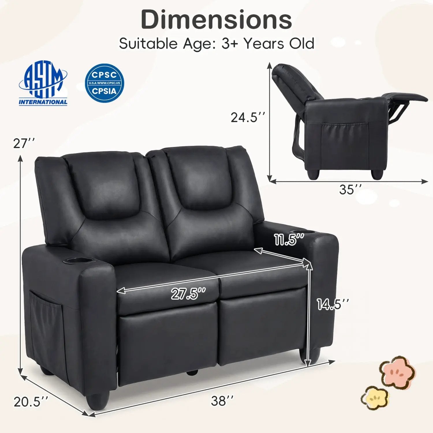 2-Seater Kids Recliner Double Toddler Sofa Chair with 2 Cup Holders by DirectDeals