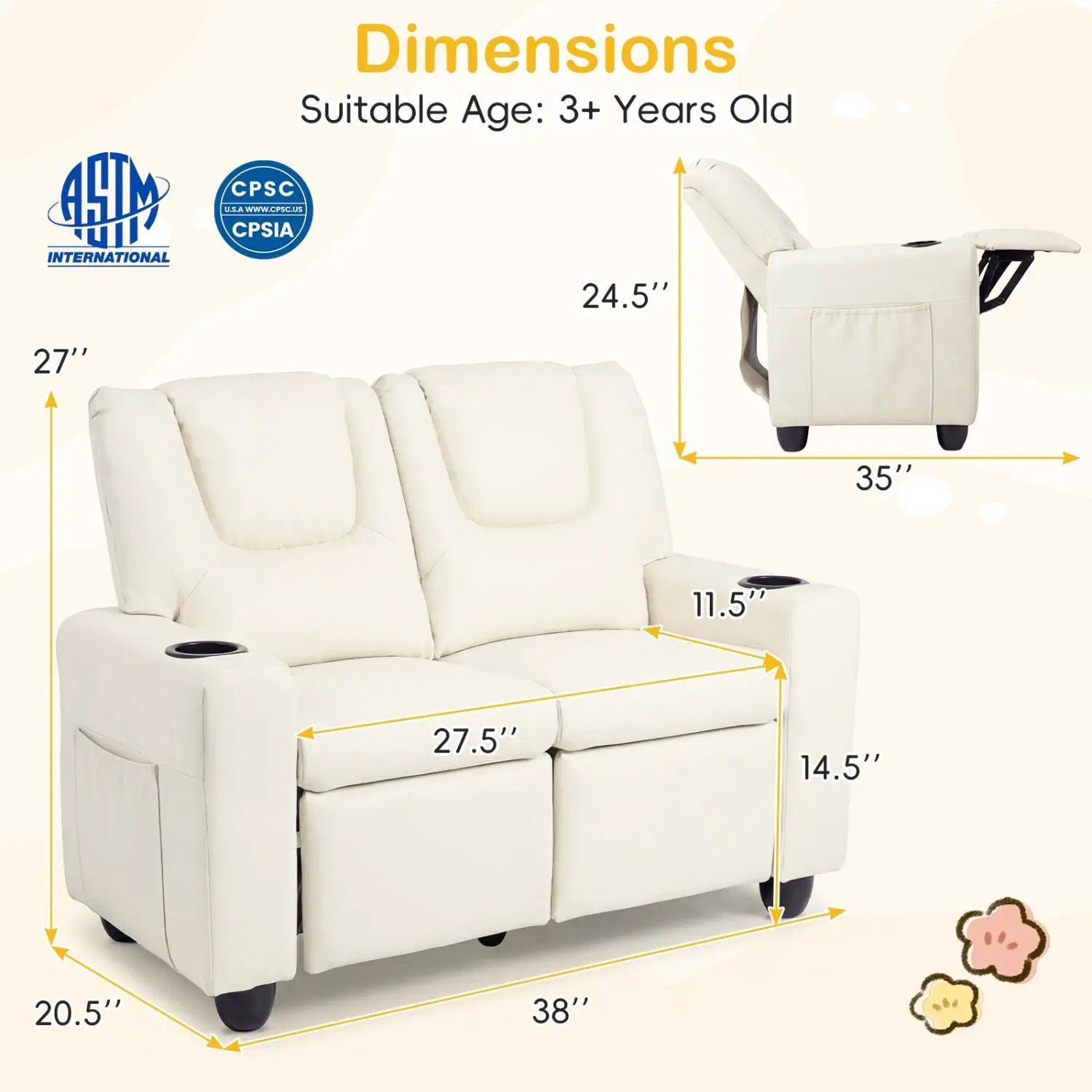 2-Seater Kids Recliner Double Toddler Sofa Chair with 2 Cup Holders by DirectDeals