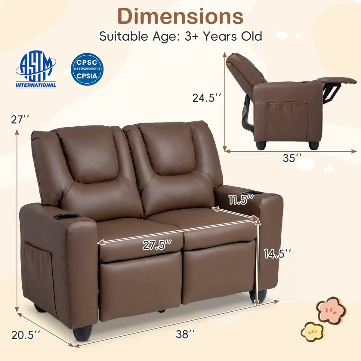 2-Seater Kids Recliner Double Toddler Sofa Chair with 2 Cup Holders, photo 15 of 40