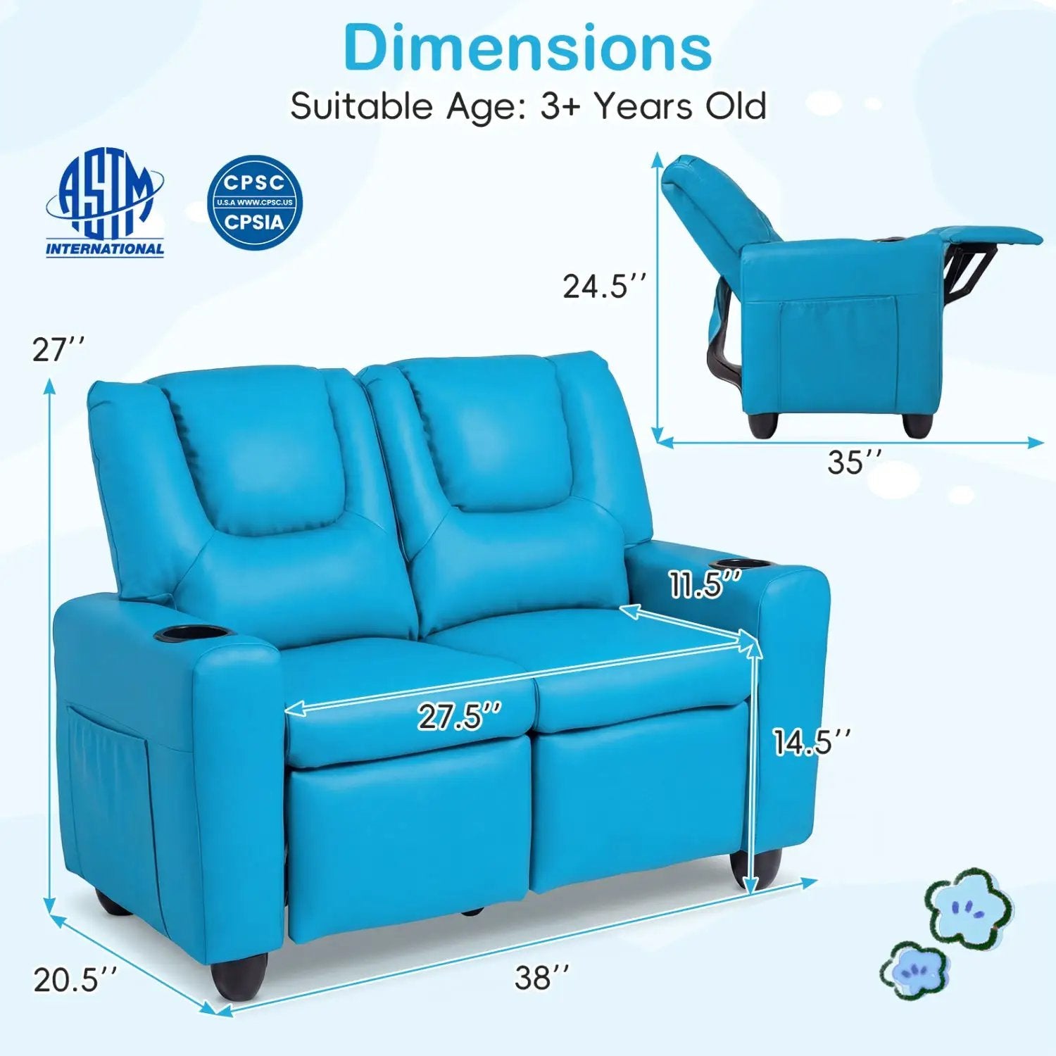 2-Seater Kids Recliner Double Toddler Sofa Chair with 2 Cup Holders by DirectDeals