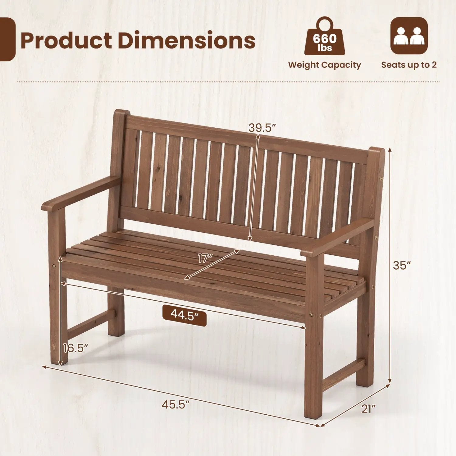 2-Seater Wooden Outdoor Bench with Backrest and Armrests by DirectDeals