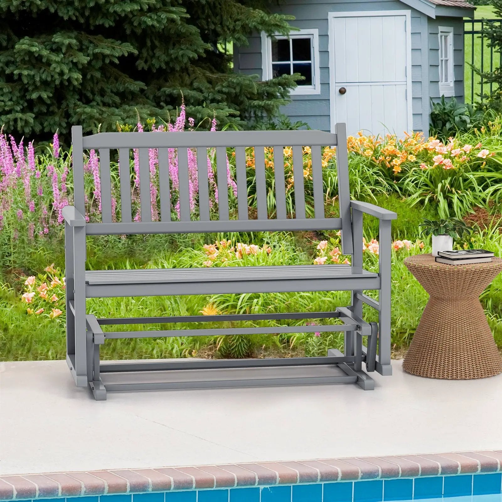 2 Seats Outdoor Glider Bench with Armrests and Slatted Seat by DirectDeals