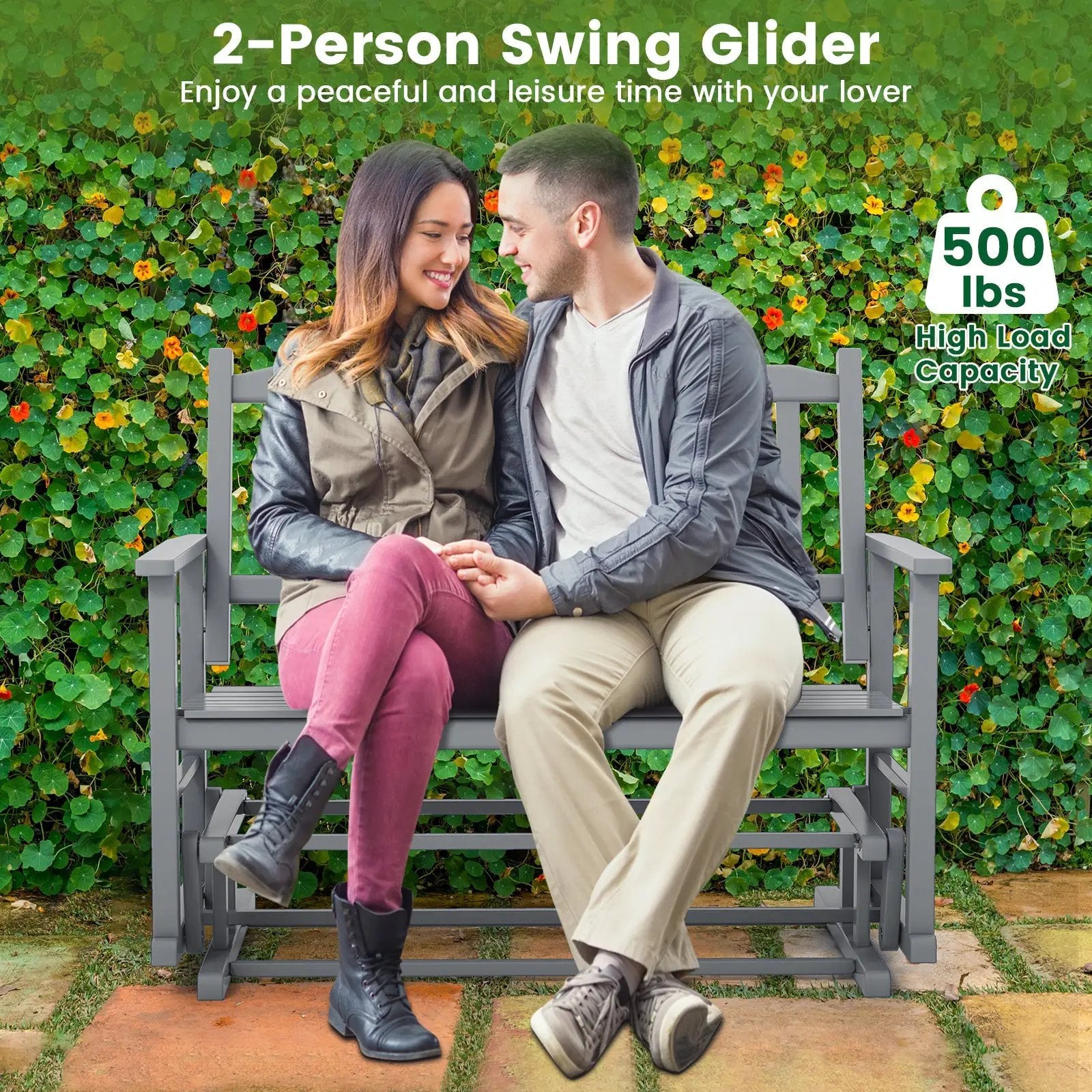 2 Seats Outdoor Glider Bench with Armrests and Slatted Seat by DirectDeals