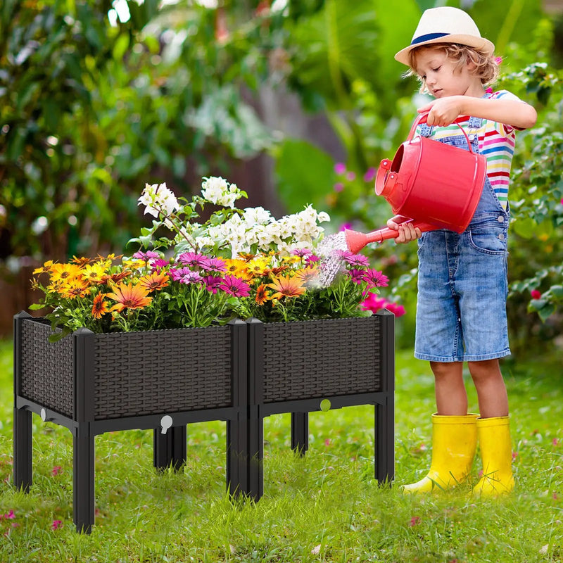 2 Set Elevated Plastic Raised Garden Bed Planter Kit for Flower Vegetable Grow-Brown by DirectDeals