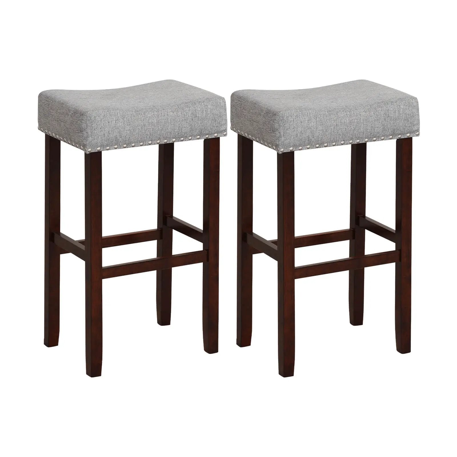 29 Inch Set of 2 Height Upholstered Bar Stool with Solid Rubber Wood Legs and Footrest-Gray by DirectDeals
