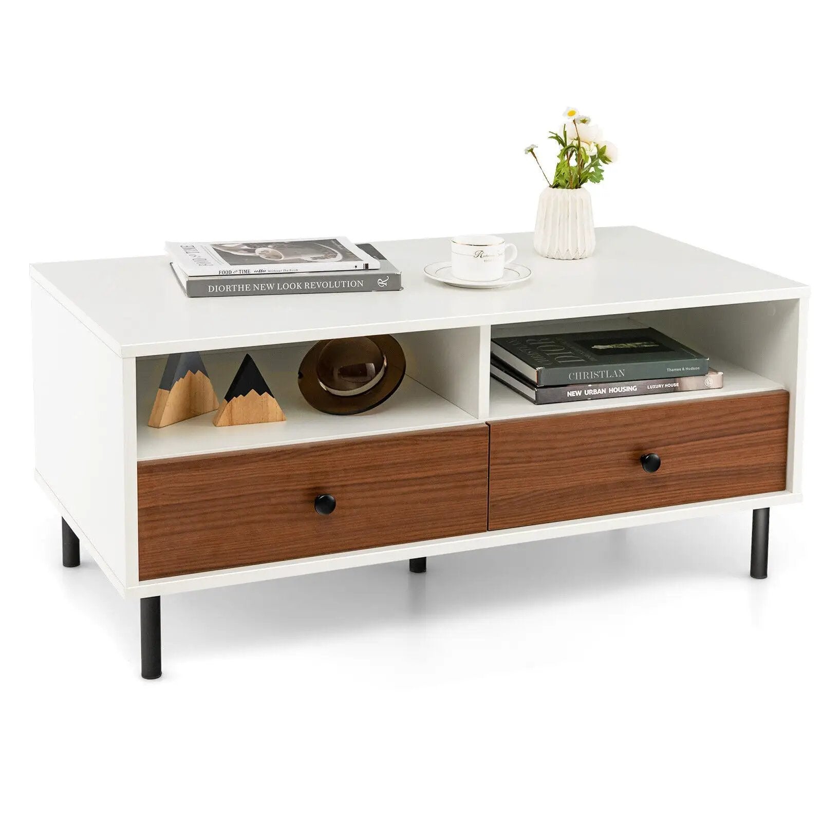2 Tier 40 Inch Length Modern Rectangle Coffee Table with Storage Shelf and Drawers-White by DirectDeals