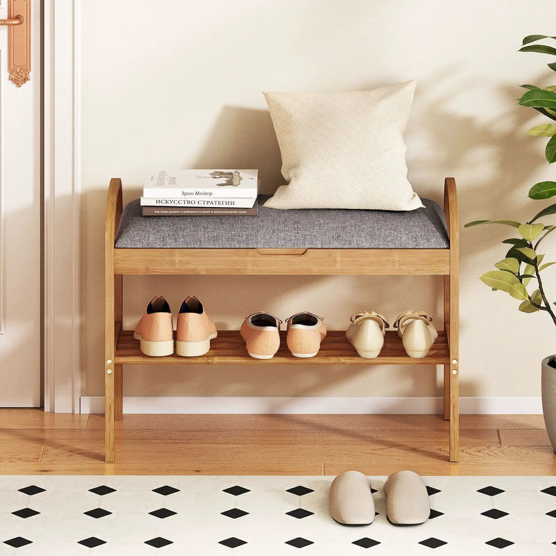 2-Tier Bamboo Shoe Bench with Storage and Padded Cushion-Gray by DirectDeals