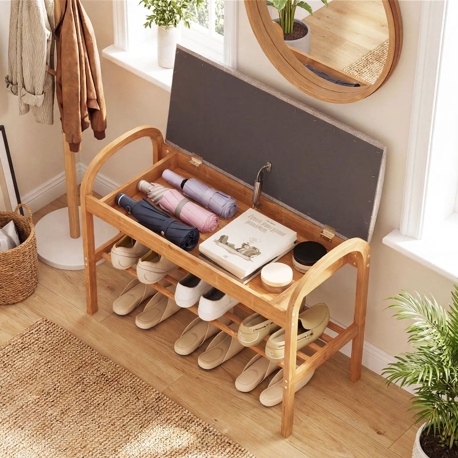 2-Tier Bamboo Shoe Bench with Storage and Padded Cushion-Gray by DirectDeals