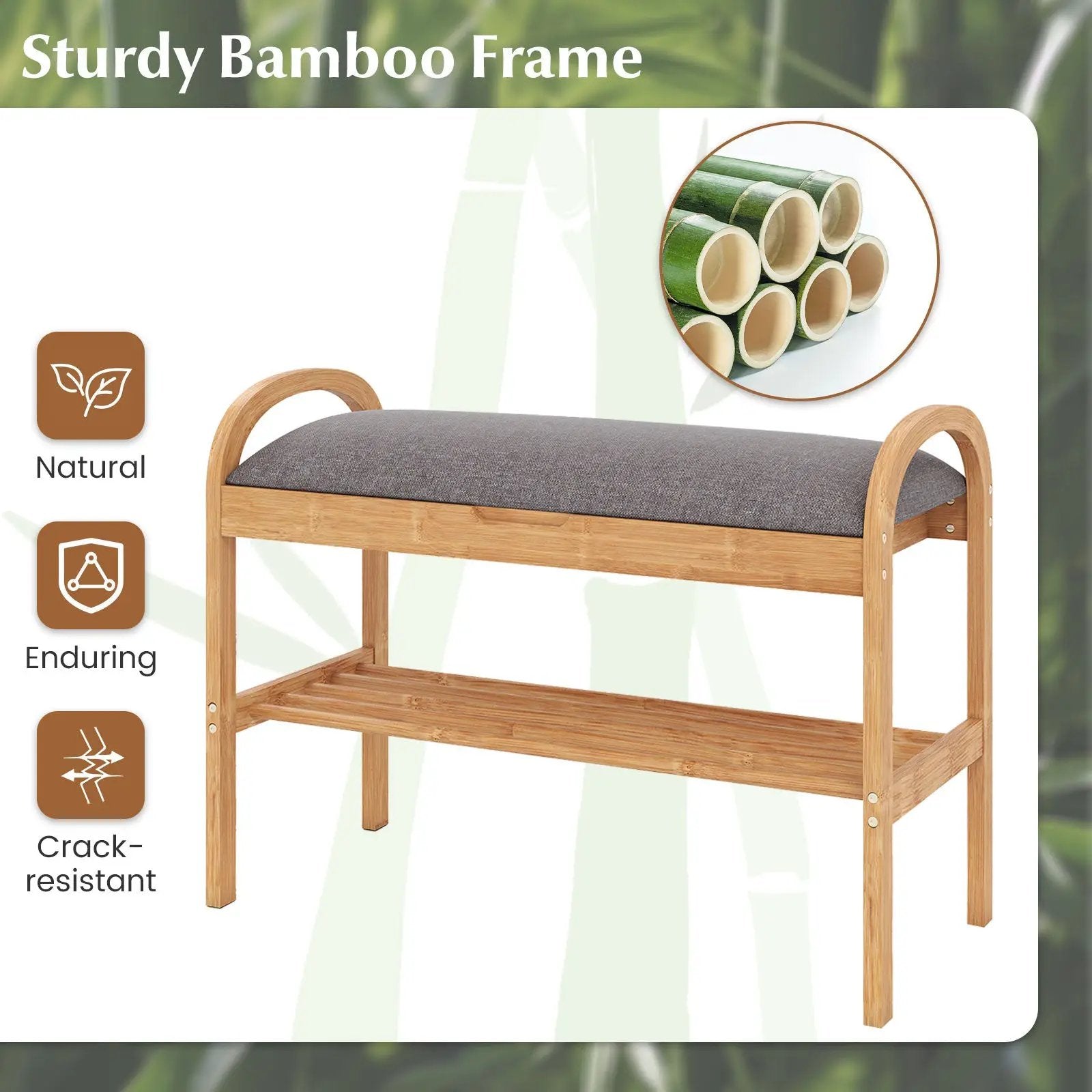 2-Tier Bamboo Shoe Bench with Storage and Padded Cushion-Gray by DirectDeals
