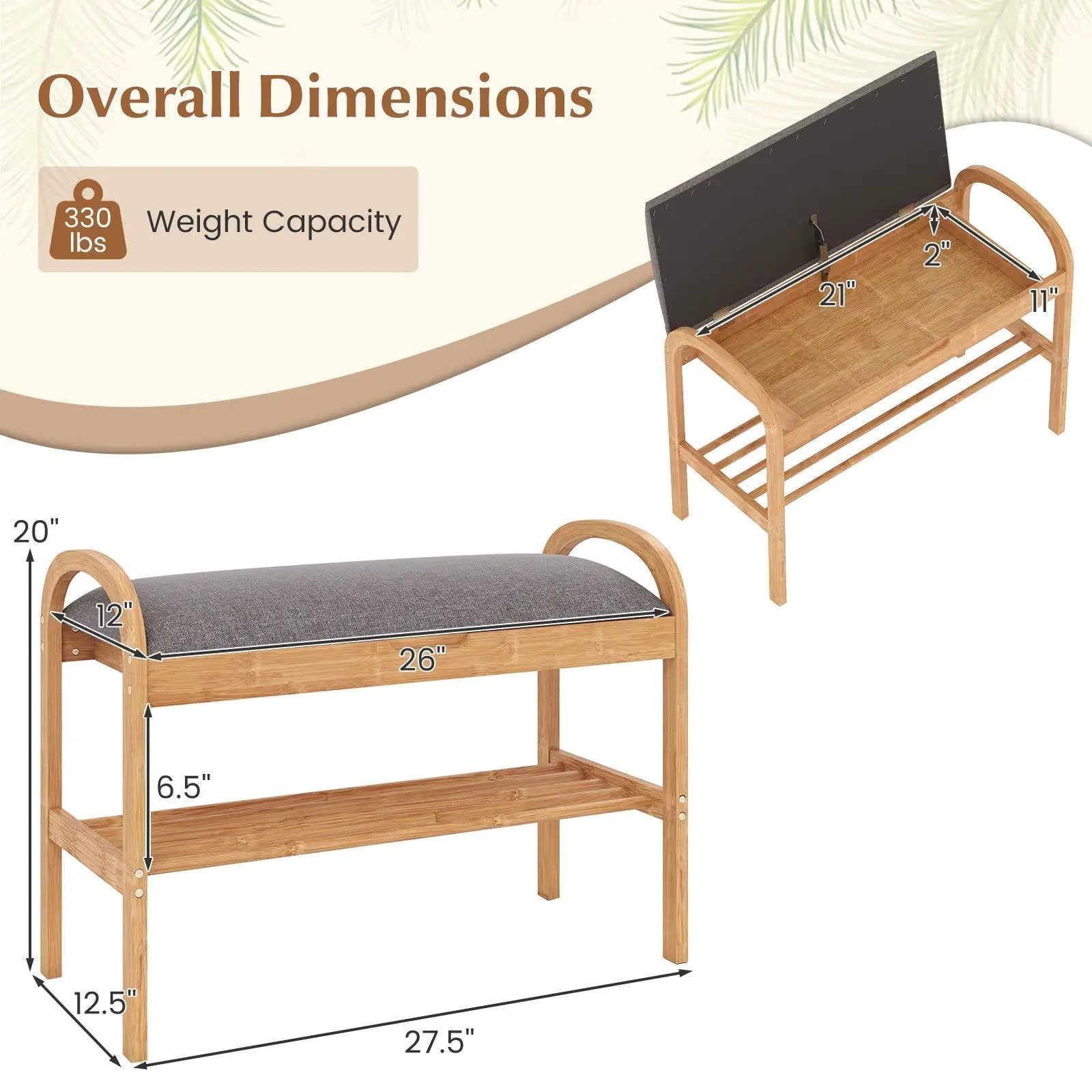 2-Tier Bamboo Shoe Bench with Storage and Padded Cushion-Gray by DirectDeals