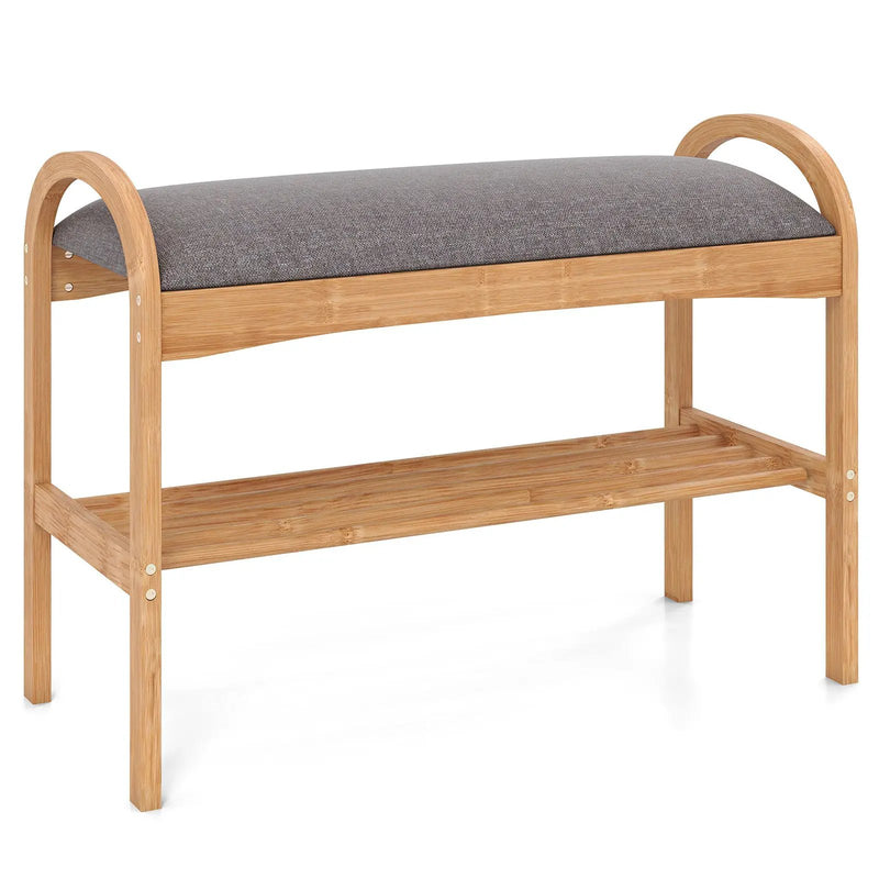 2-Tier Bamboo Shoe Bench with Padded Cushion and Shelf-Gray by DirectDeals