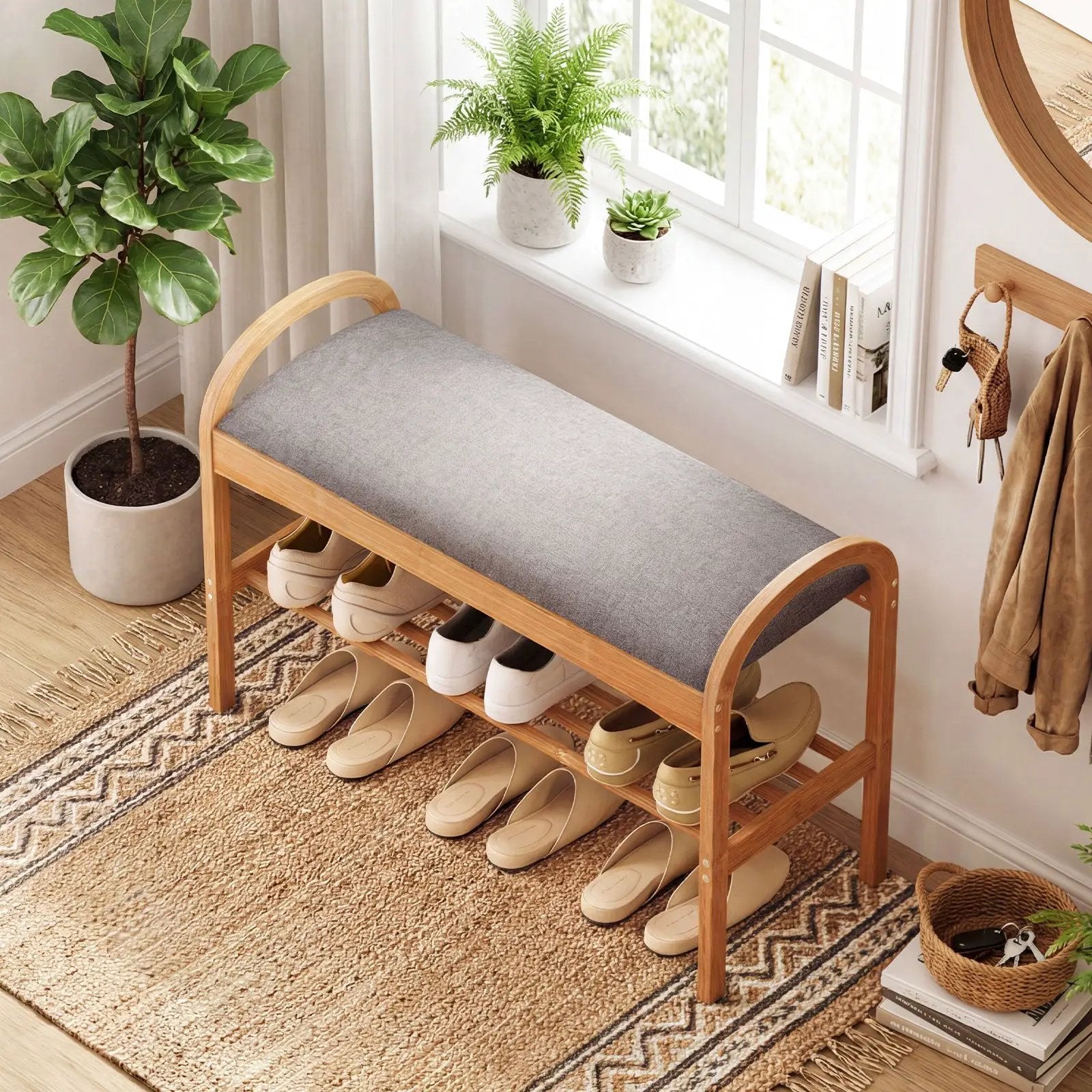 2-Tier Bamboo Shoe Bench with Padded Cushion and Shelf-Gray by DirectDeals