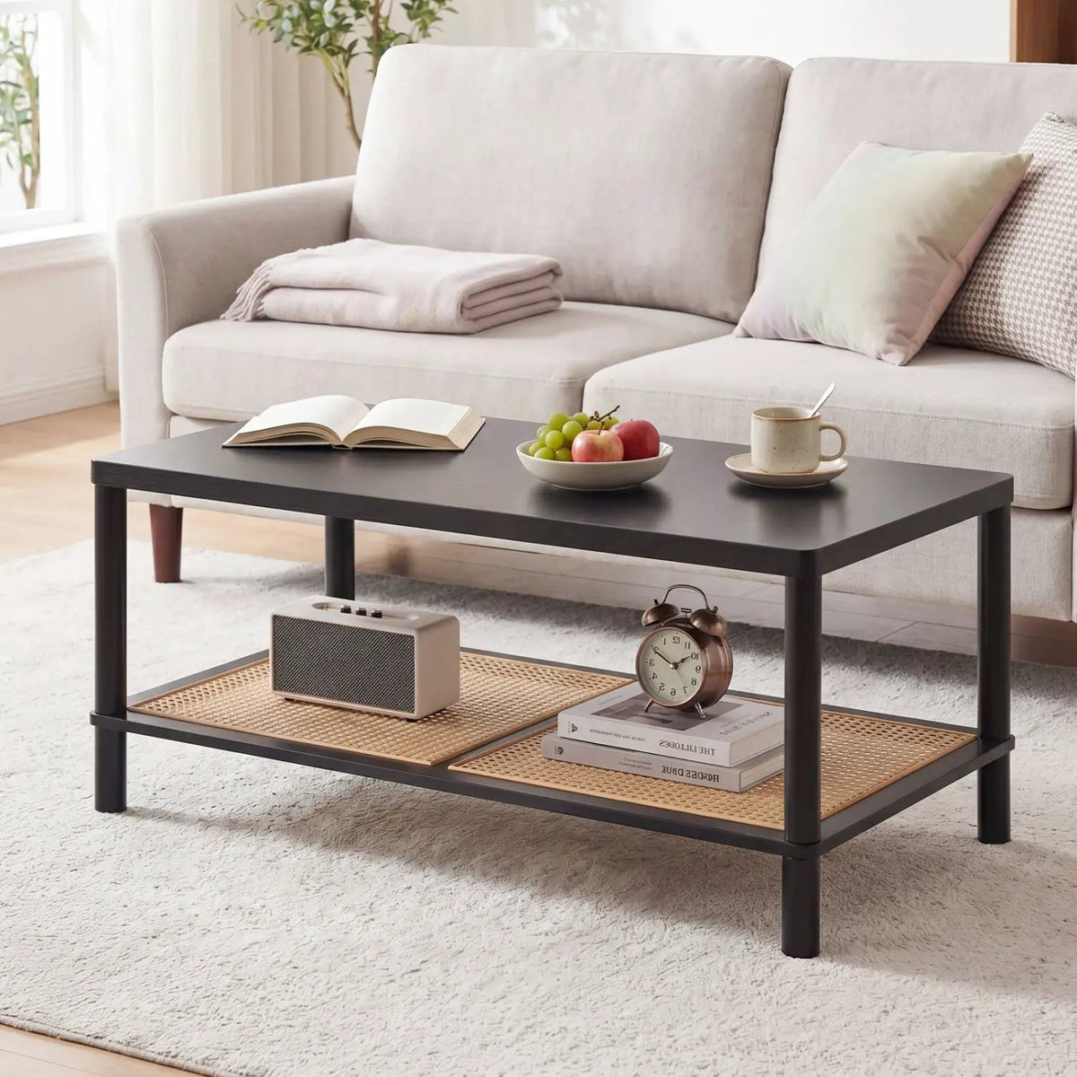 2-Tier Boho Coffee Table with Rattan Storage Shelf, photo 6 of 24
