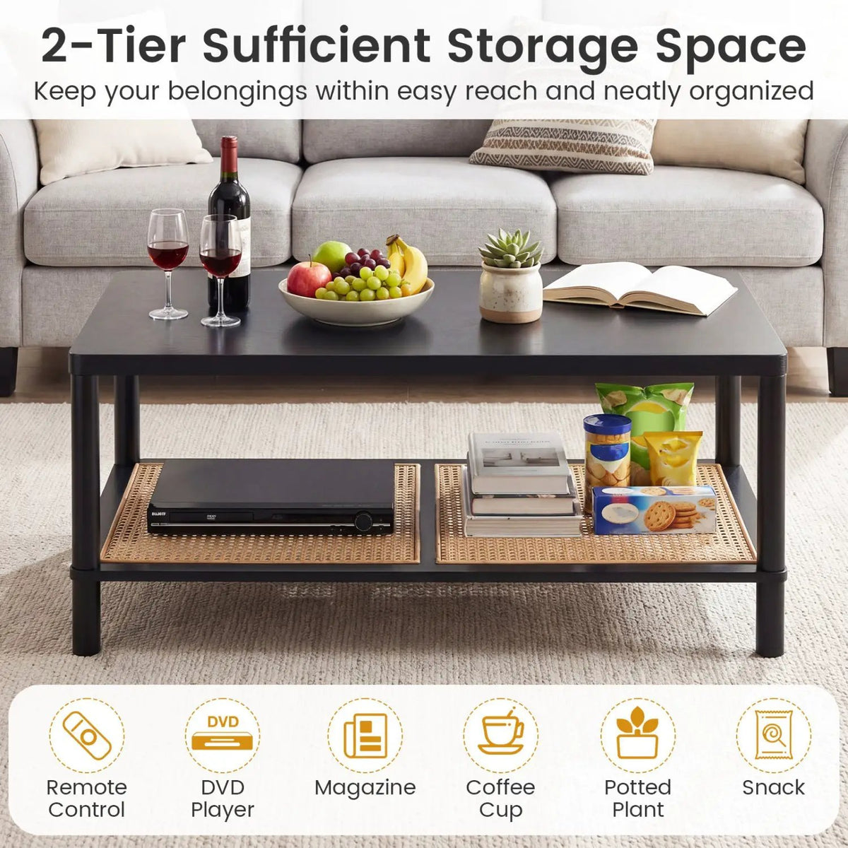 2-Tier Boho Coffee Table with Rattan Storage Shelf, photo 7 of 24