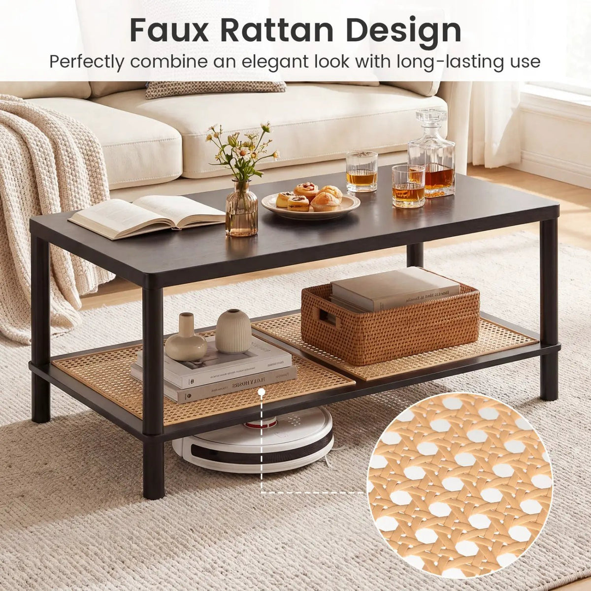 2-Tier Boho Coffee Table with Rattan Storage Shelf, photo 8 of 24