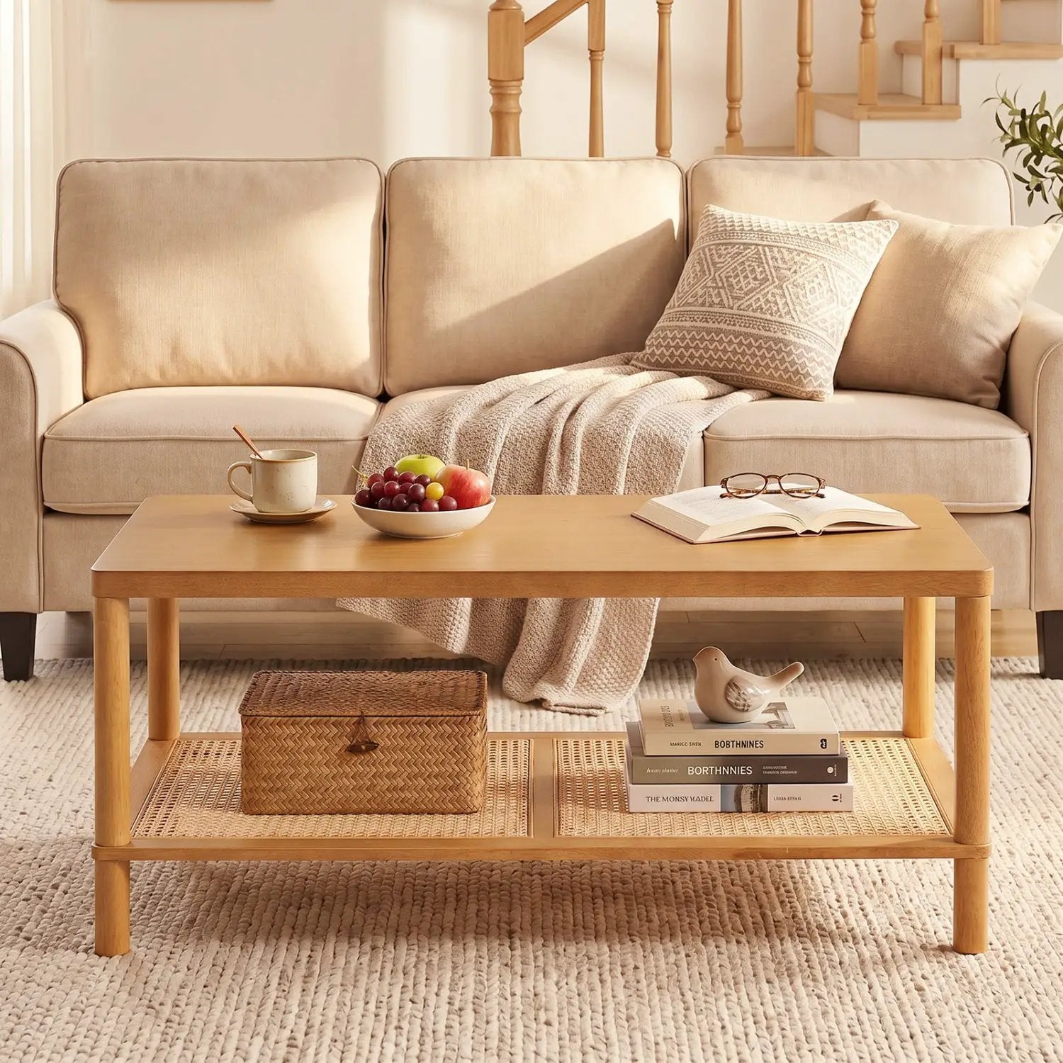 2-Tier Boho Coffee Table with Rattan Storage Shelf by DirectDeals