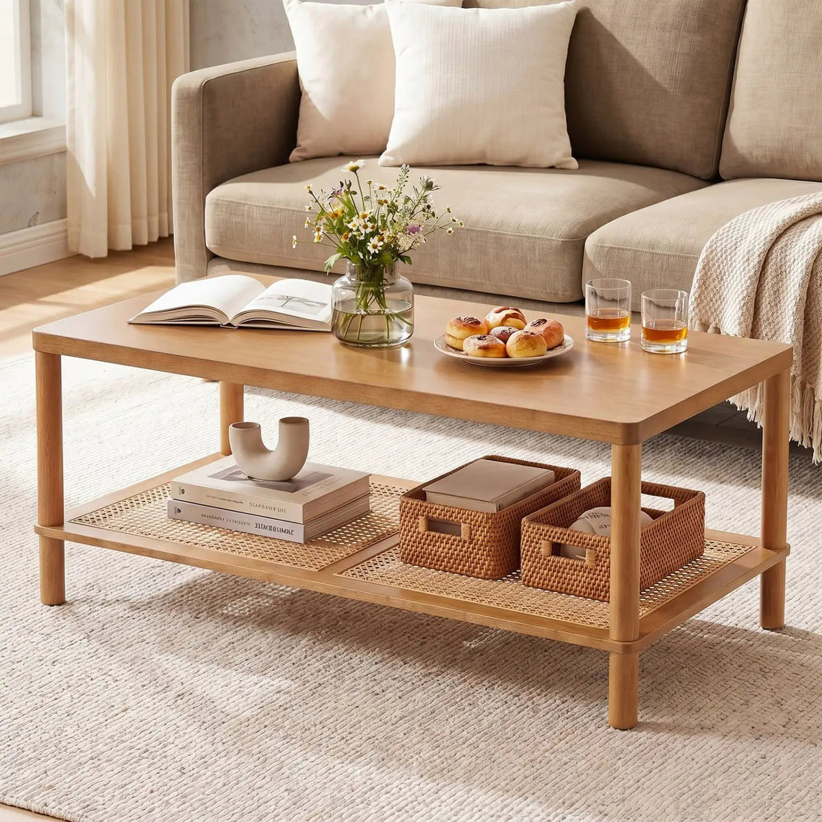 2-Tier Boho Coffee Table with Rattan Storage Shelf, photo 14 of 24