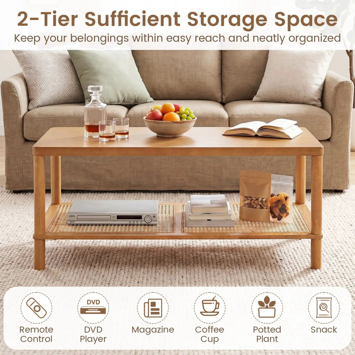 2-Tier Boho Coffee Table with Rattan Storage Shelf, photo 16 of 24
