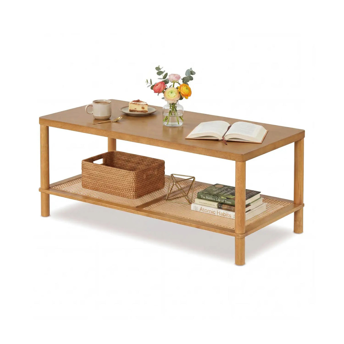 2-Tier Boho Coffee Table with Rattan Storage Shelf, photo 11 of 24
