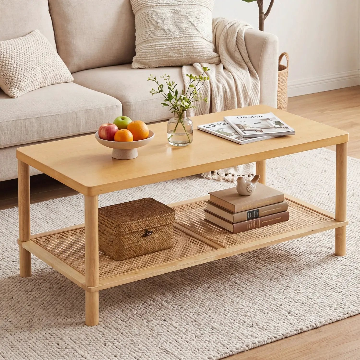 2-Tier Boho Coffee Table with Rattan Storage Shelf by DirectDeals
