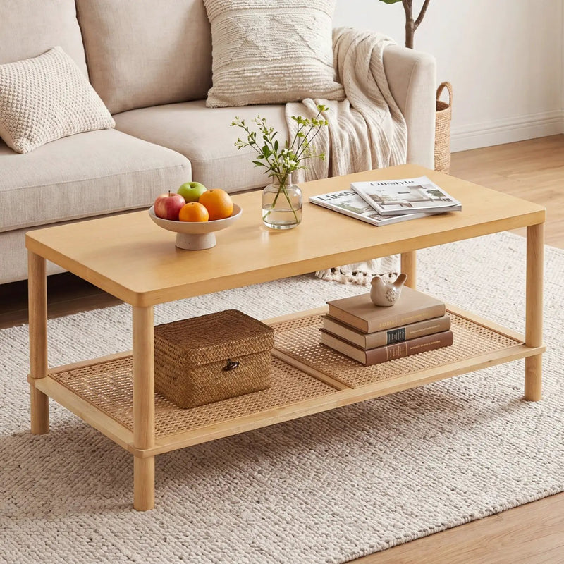 2-Tier Boho Coffee Table with Rattan Storage Shelf by DirectDeals