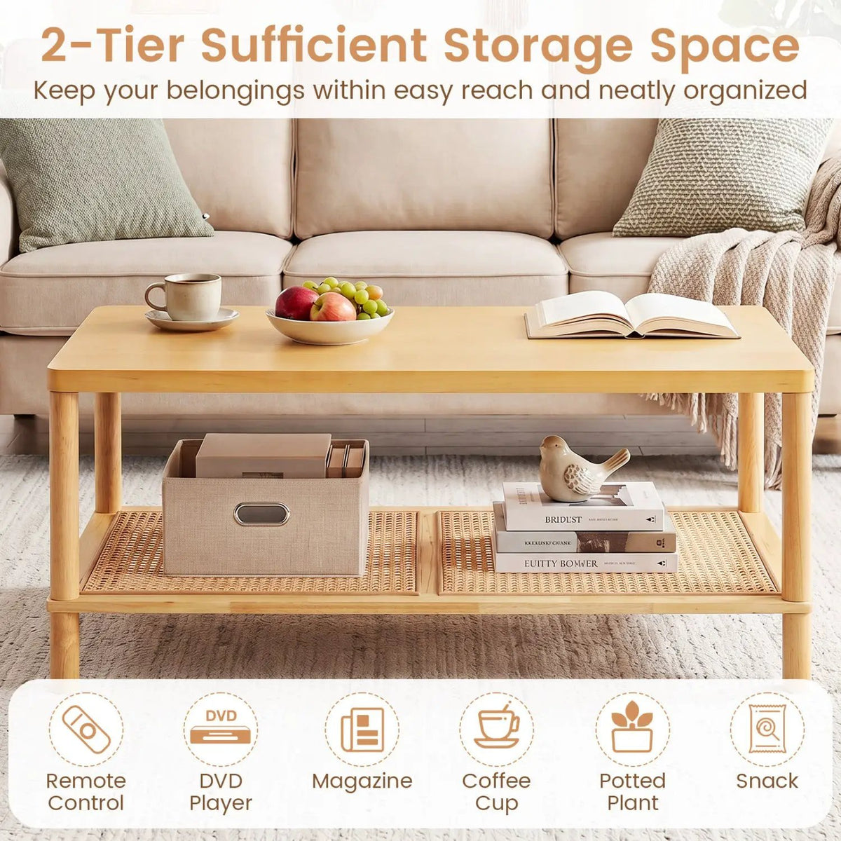 2-Tier Boho Coffee Table with Rattan Storage Shelf, photo 23 of 24