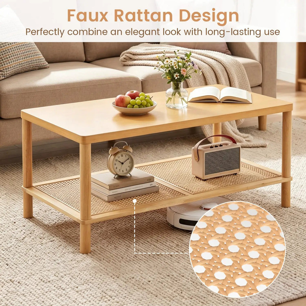 2-Tier Boho Coffee Table with Rattan Storage Shelf, photo 24 of 24