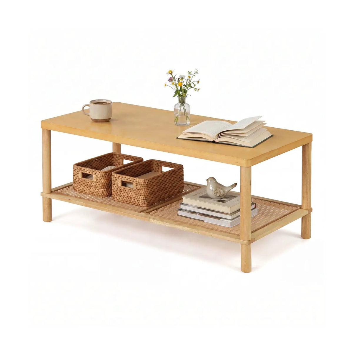 2-Tier Boho Coffee Table with Rattan Storage Shelf, photo 19 of 24