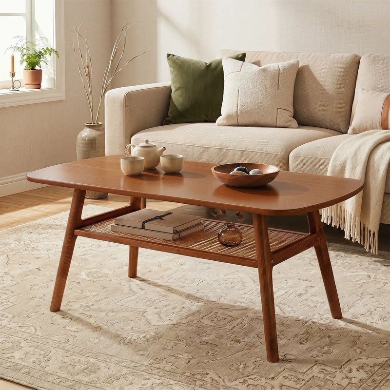 2-Tier Rattan Coffee Table with Rounded Corners by DirectDeals