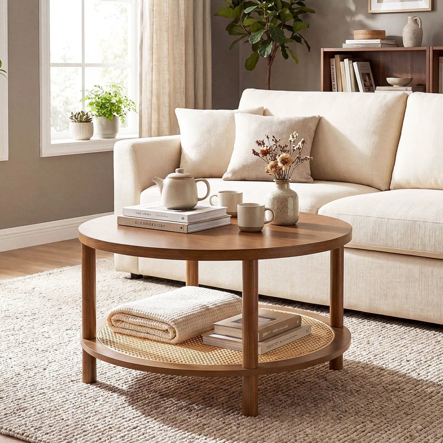 Round Rattan Coffee Table with Storage Shelf by DirectDeals