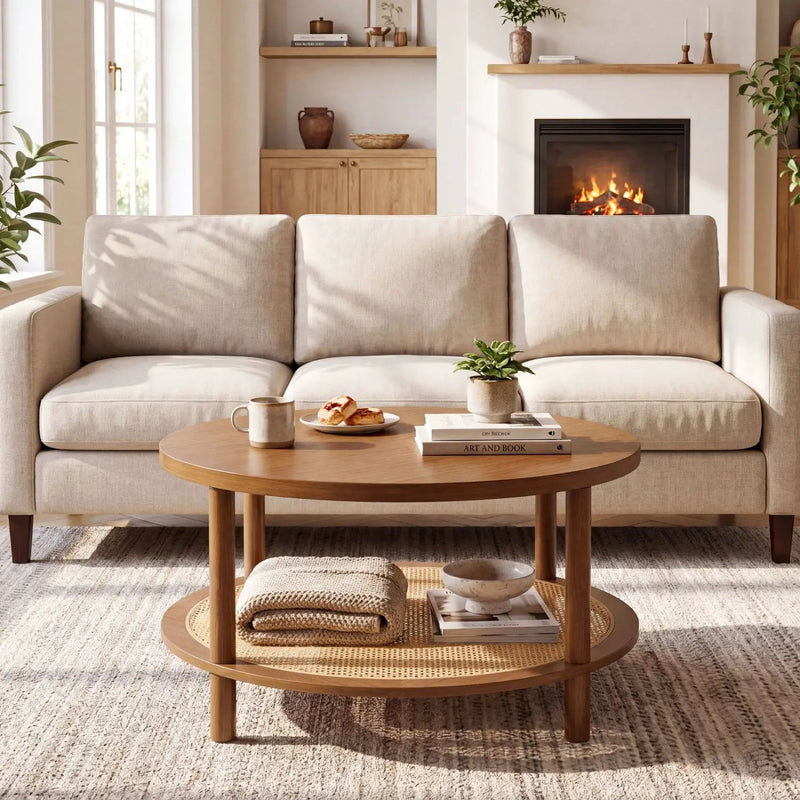Round Rattan Coffee Table with Storage Shelf by DirectDeals