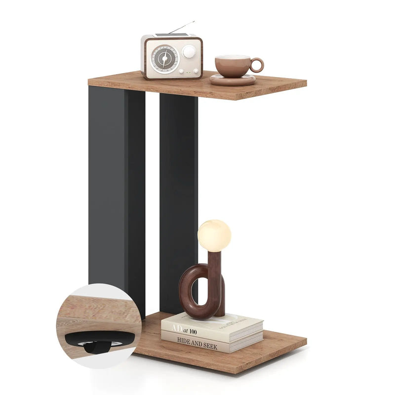 2-Tier C-Shaped Side Table with Universal Wheels and Shelf-Rustic Brown by DirectDeals